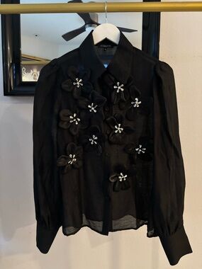 Luxury Black Floral Appliqué Button-Front Blouse